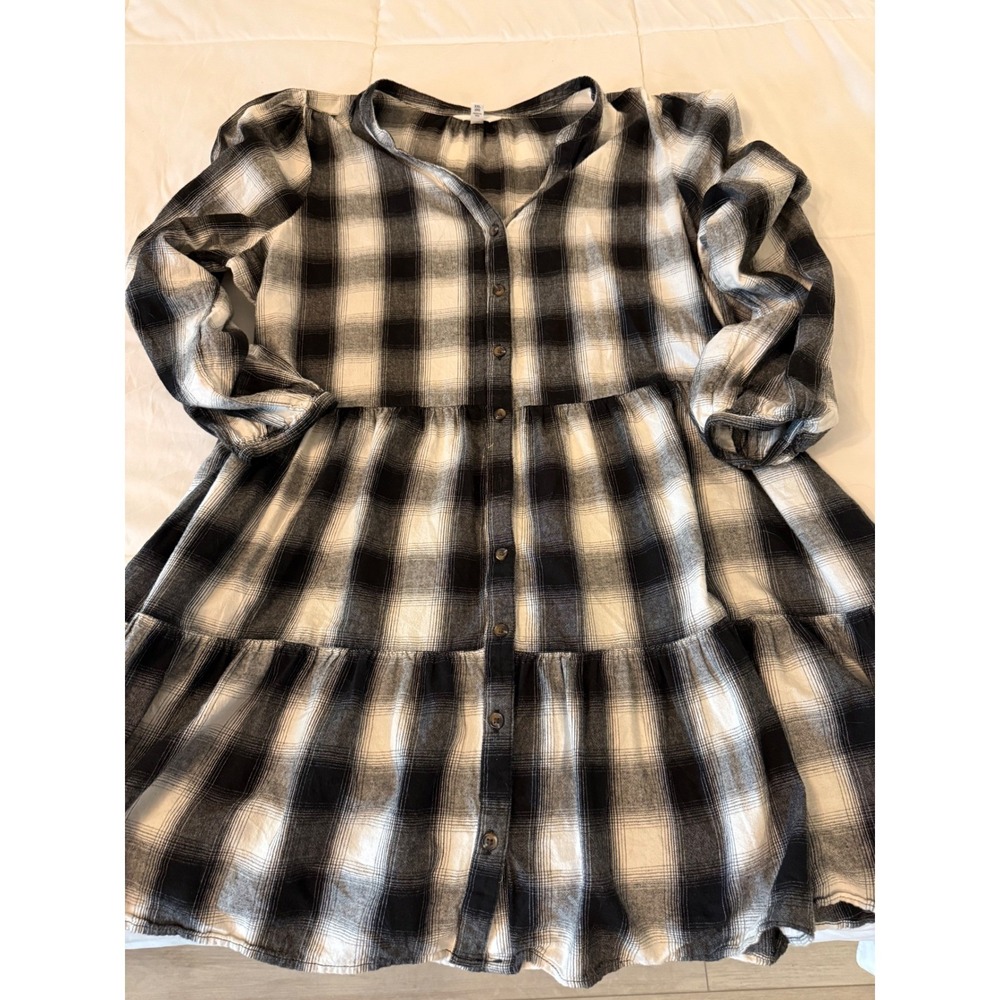 Black White Buffalo Plaid Button Front Tiered Midi Dress Long Sleeve with Pocket